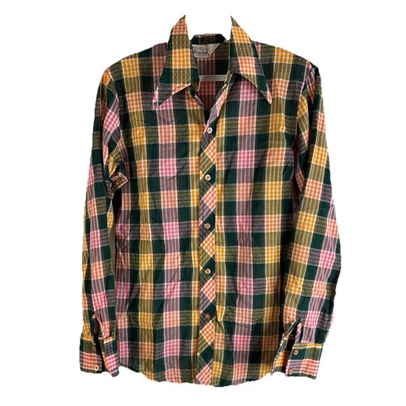 VTG 70s Cracker Barrel Rainbow Plaid Pointed Collar Button Shirt - Picture 1 of 8